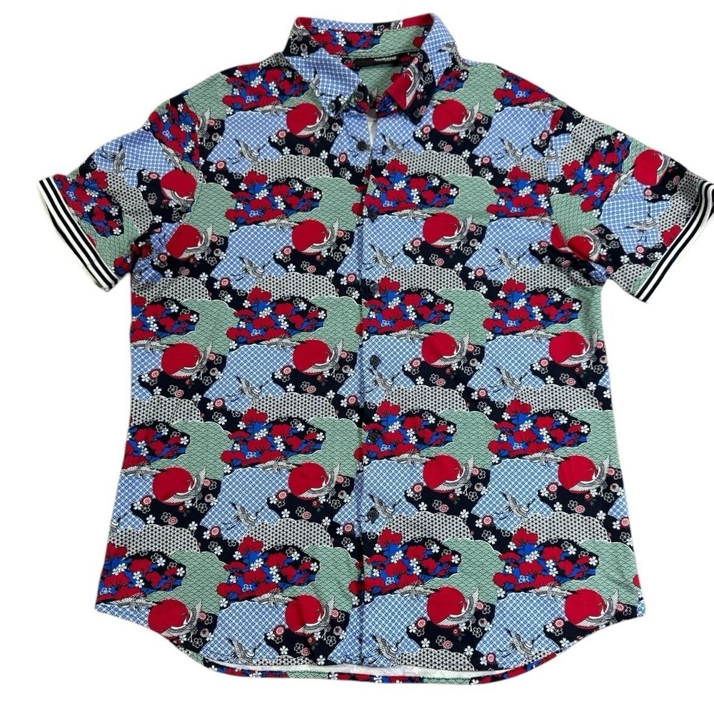 Murano Liquid Luxury Men's Blue & Red, Crane Slim Fit Short Sleeve Shirt Size XL